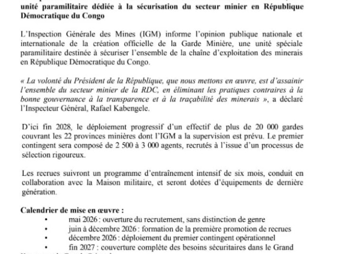 RDC : lancement d’une Garde minière nationale à 100 millions USD pour sécuriser le secteur extractif
